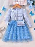 New girls' long-sleeve star mesh dress with matching mini bag