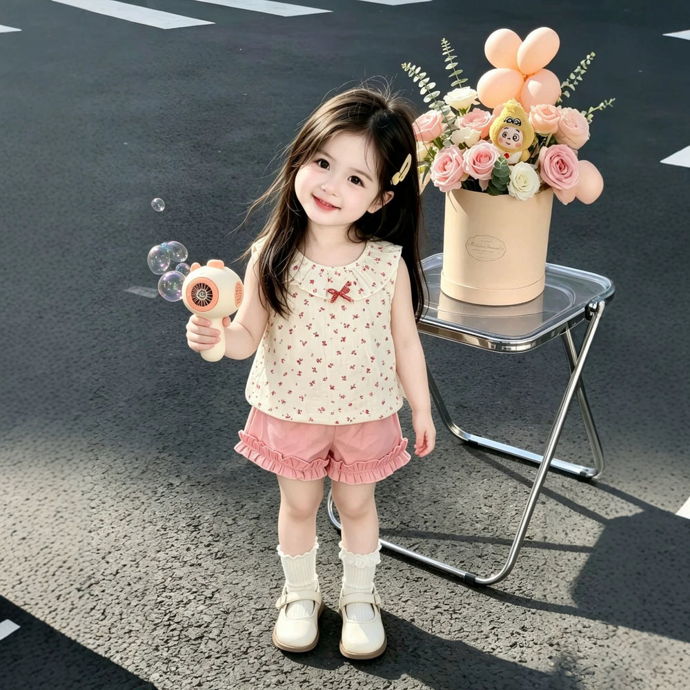 Girls' summer outfit : new floral sleeveless top and shorts set, princess style, two-piece outerwear for toddlers and young children