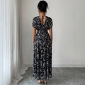 printed midi a-line dress - new french style, v-neck, slimming black dress