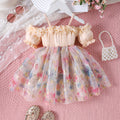 Girls' fashion off-the-shoulder floral mesh patchwork dress