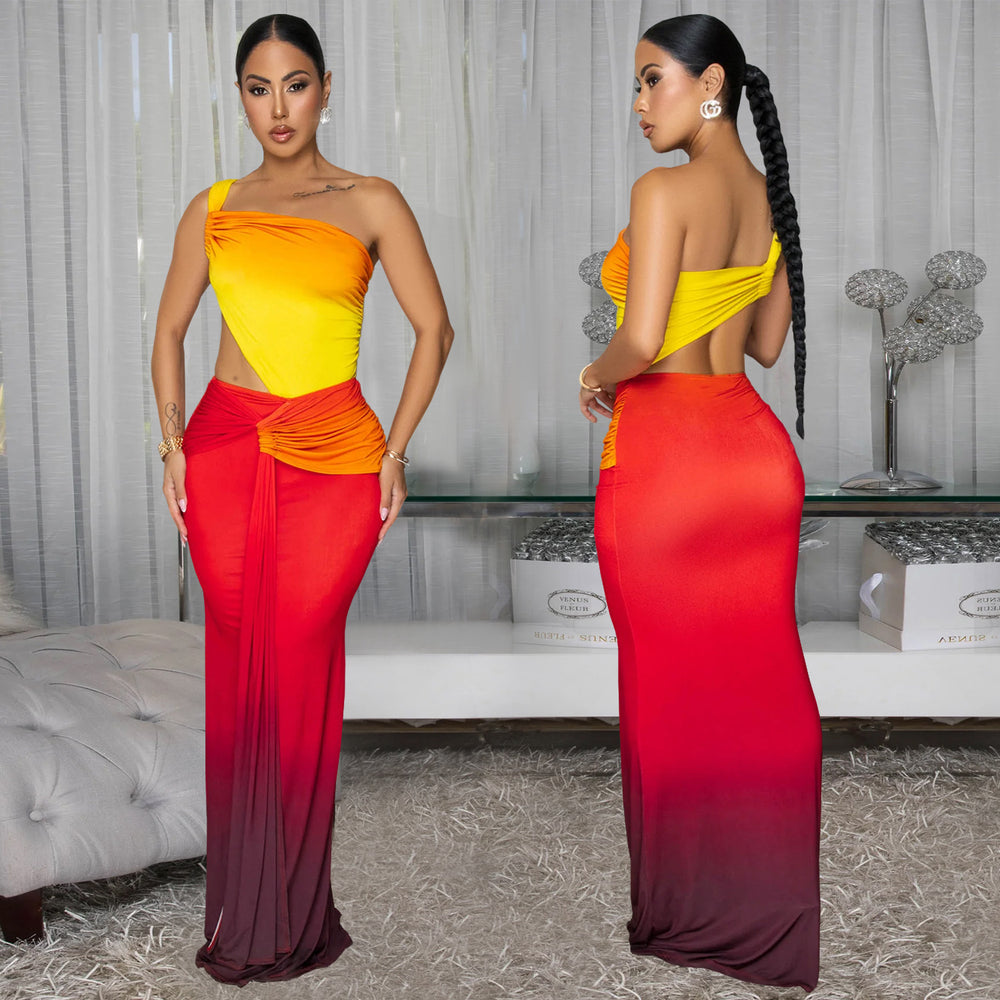 C7473 cross-border   fashion women's summer sexy one-shoulder gradient dress