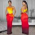 C7473 cross-border   fashion women's summer gradient one-shoulder cutout mermaid dress