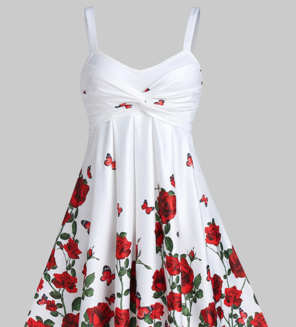cross-border  european and american women's fashion 3d floral ruched waist dress