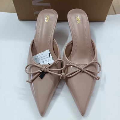 Za2024summer new sandals women's pointed toe bows decoration shallow mouth stiletto heels back empty toe cap mules shoes