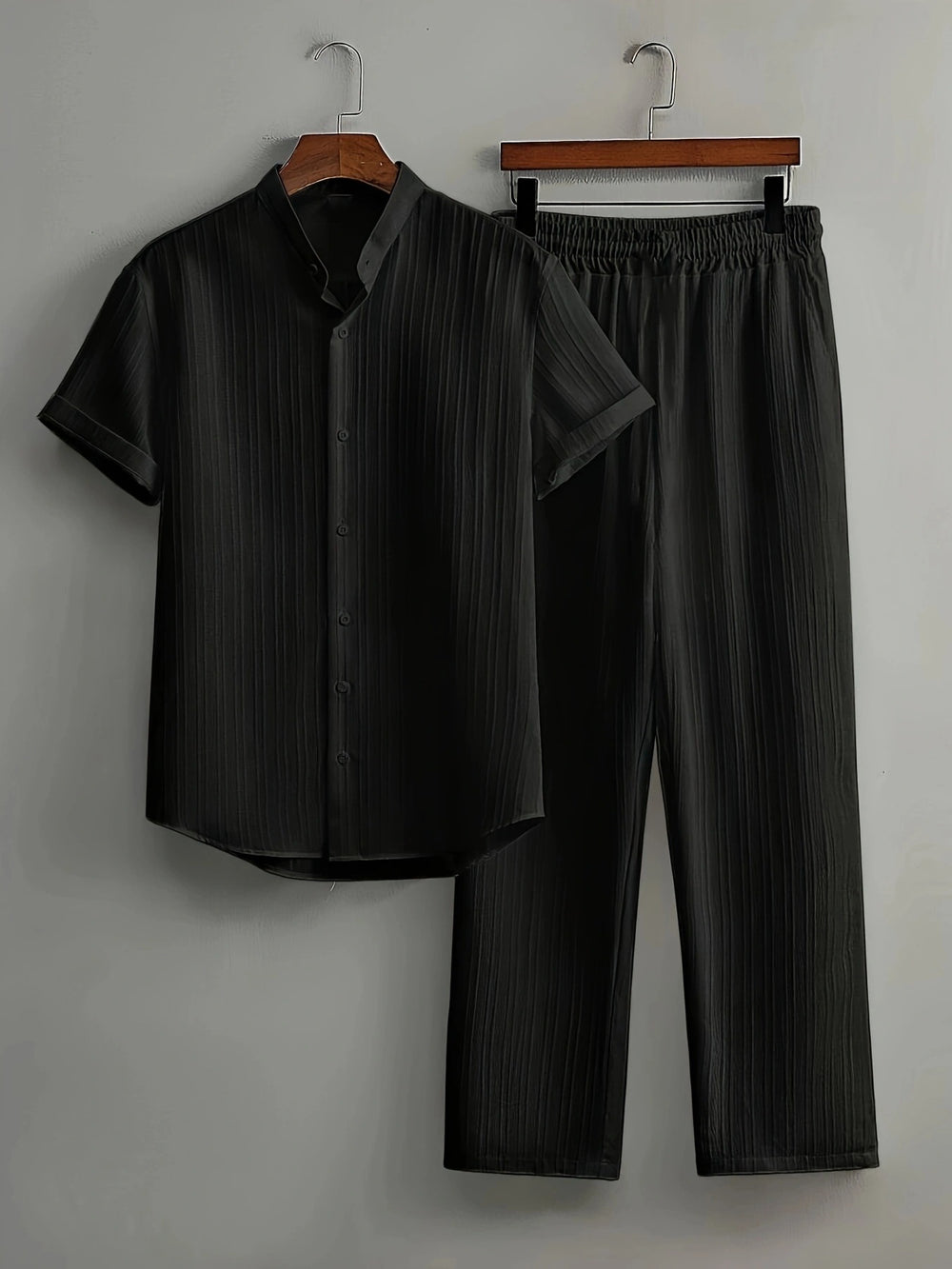 fashionmensuitcasualpure color short-sleeved shirt multi-color beach slub wrinkled short-sleeved pants two-piece set