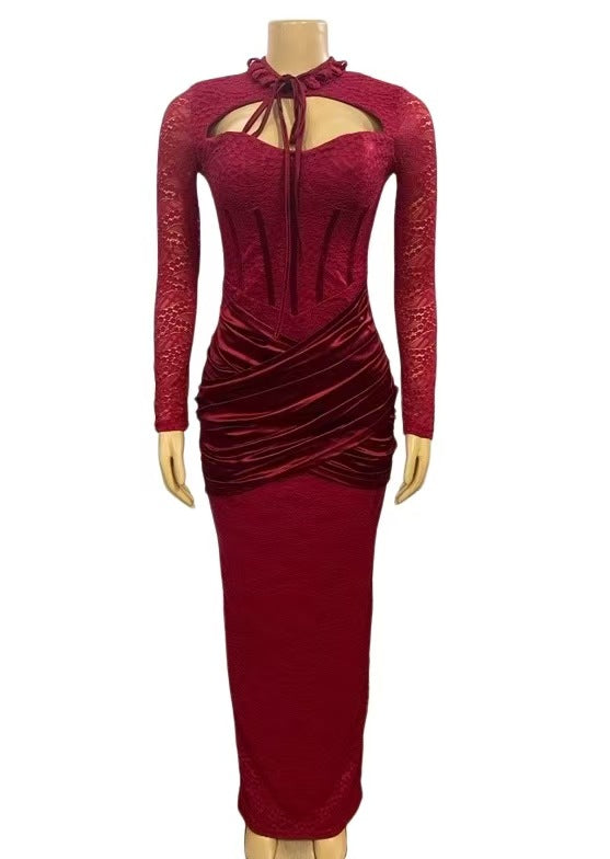 European and American new semi-turtleneck lace-up splicing low-cut sexy hip-wrapped long-sleeved dress evening dress