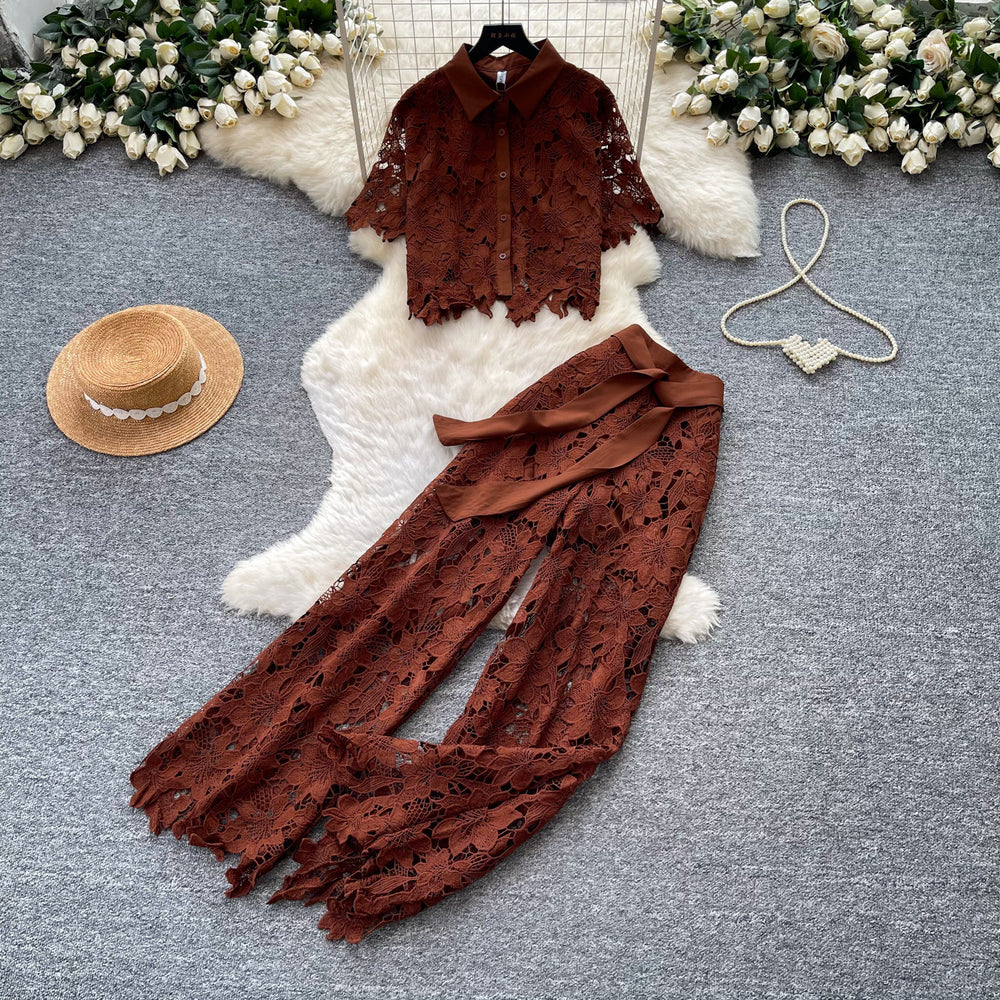 French chic, sophisticated lace cutout short sleeve top and wide-leg pant set - premium summer collection