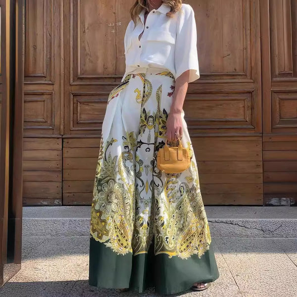 European and American  women's clothing autumn temperament elegant single-breasted shirt high-waisted printed wide-leg pants set  hot-selling