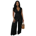 C7786 cross-border  new women's sleeveless v-neck criss-cross tie-up slit top wide-leg commuter jumpsuit