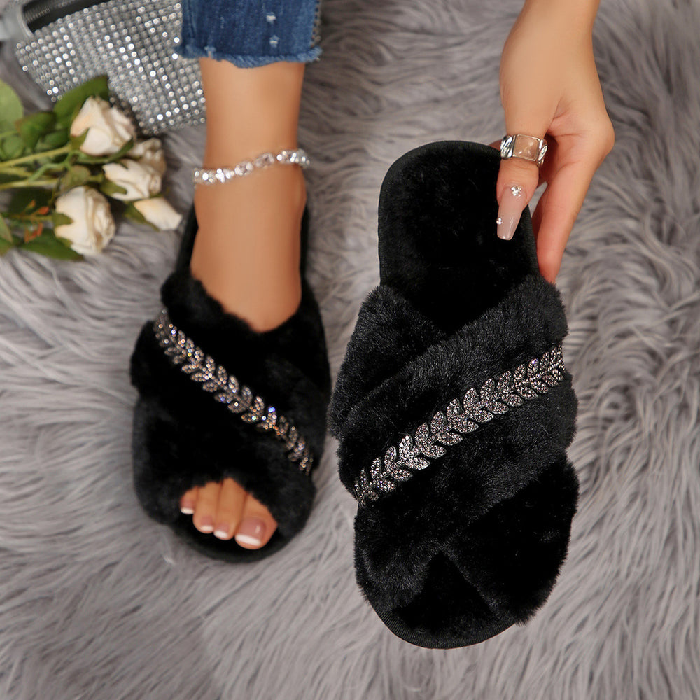 Wholesale autumn/winter new arrival criss-cross color chain rhinestone trendy fashion indoor home anti-slip warm soft fuzzy slippers
