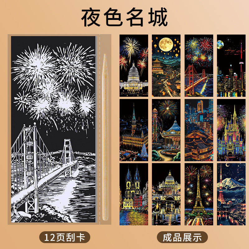 Scratch art paper - diy hand-painted scratch art - creative castle & dazzling night scene - stress relief art scratch paper