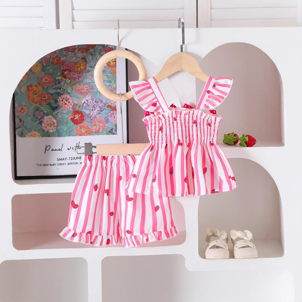 Baby cute style summer outfit: double-layer flutter sleeve top with double bows & elastic waist strawberry shorts set for toddlers