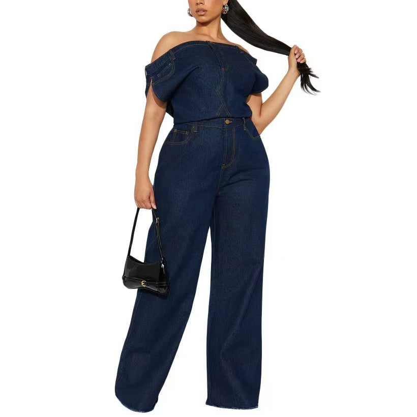 european and american new arrival cross-border  casual fashion bandeau off-the-shoulder slim-fit denim jumpsuit romper
