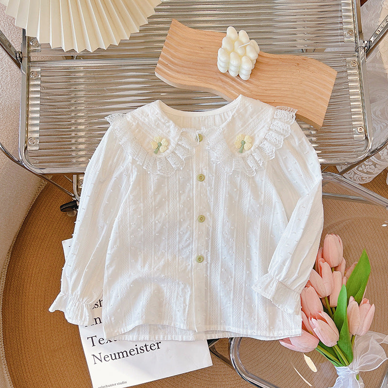 Autumn new arrival: 100% cotton long-sleeve shirt for girls - all-season wear with peter pan collar, lace trim, and clover appliqué