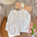 Autumn new arrival: 100% cotton long-sleeve shirt for girls - all-season wear with peter pan collar, lace trim, and clover appliqué