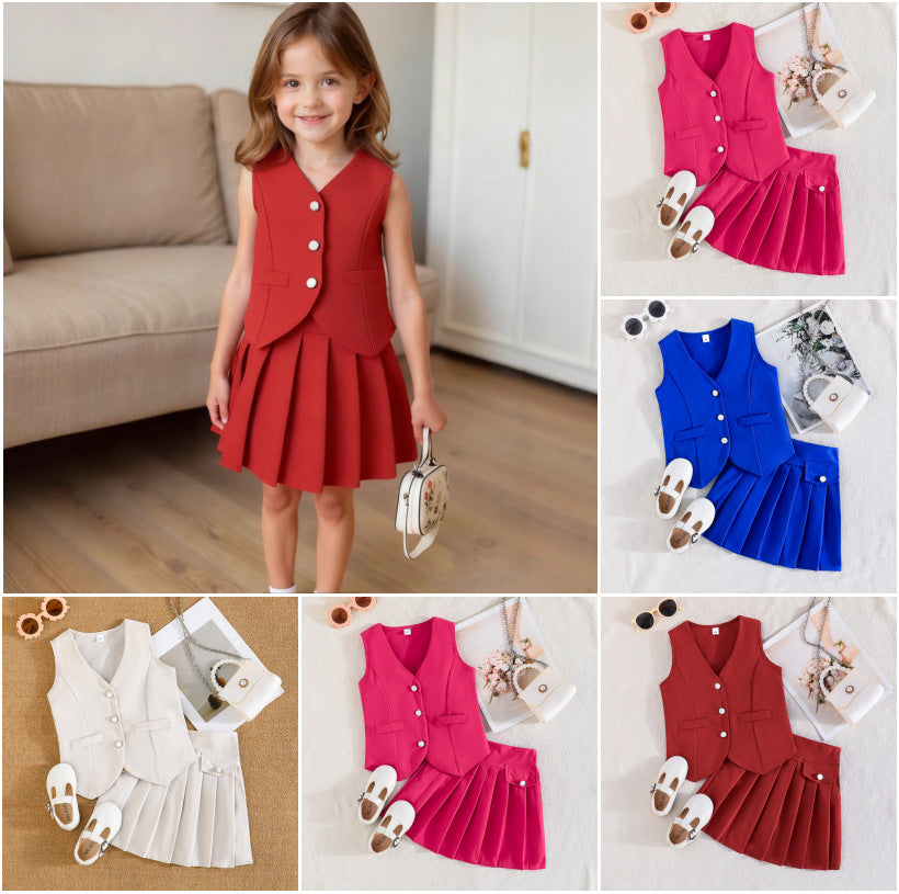 exclusive: girls' preppy summer outfit - red sleeveless vest + pleated skirt, fashionable casual style