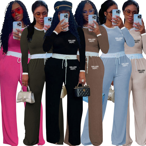 M3158D  European and American women's clothing casual street daily rib contrasting color round neck long-sleeved pants set of two pieces
