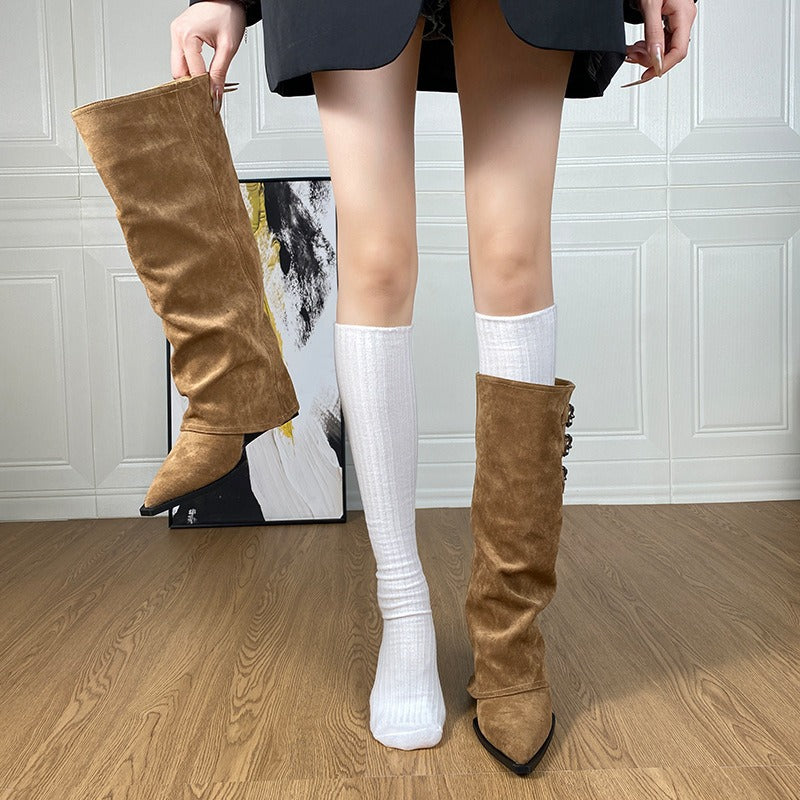 2025new arrival pointed toe pile boots women's belt buckle hidden heel over the knee knight boots fall and winterfrenchslimming look boots