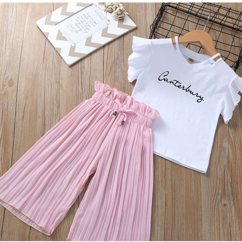 summer new arrivals: girls' letter print flutter sleeve top & wide-leg pants two-piece set (sizes 4-14y)