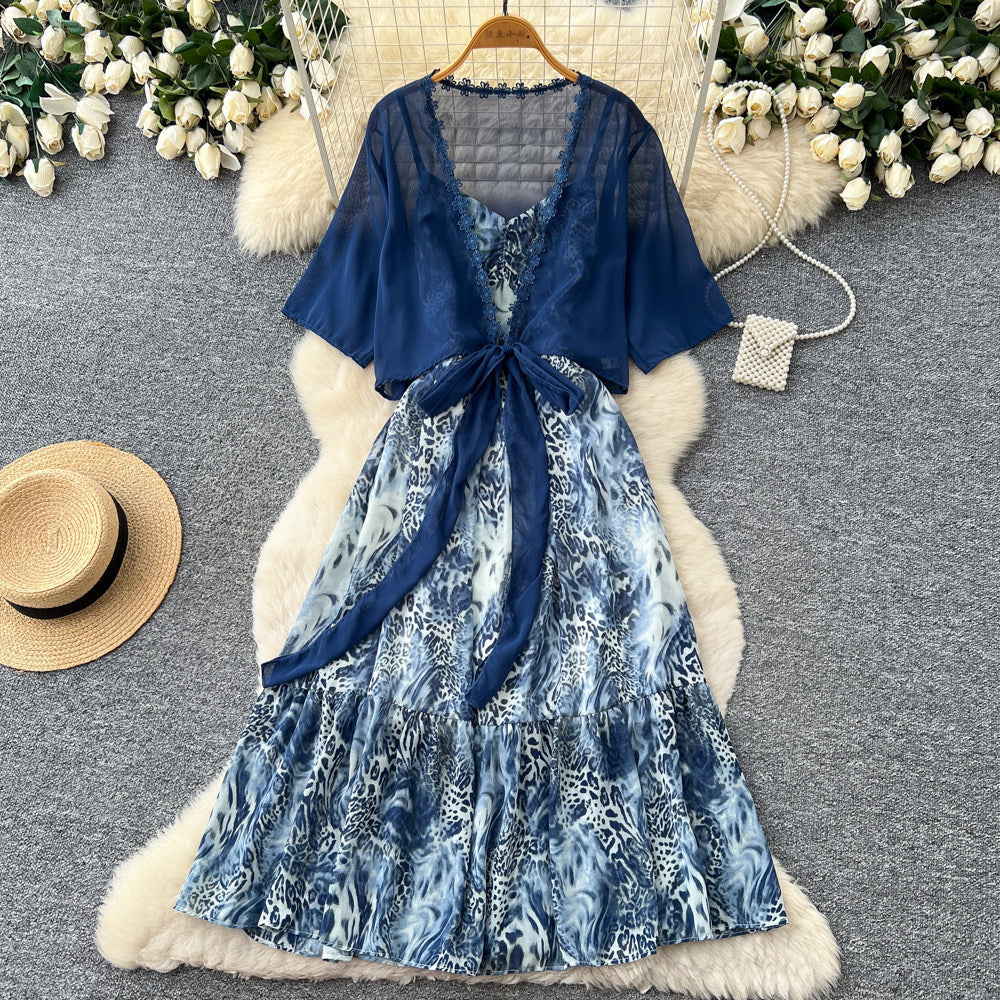 spring new korean style elegant flowing ribbon floral dress women's two-piece set - effortless chic, fashionable workwear