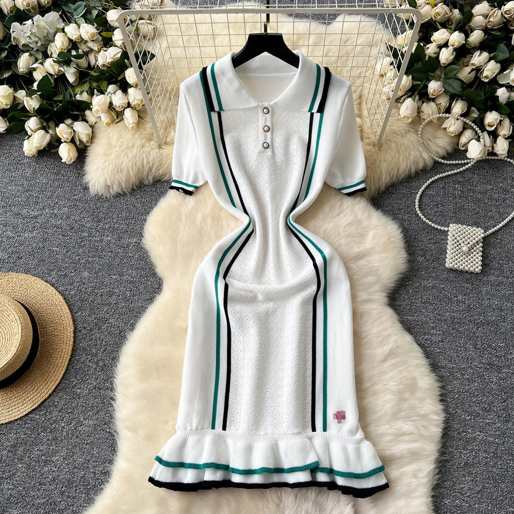 Xiaoxiangfengknittingdress women's new arrivalfrenchretro lapelcontrast color waist slimming lookrufflessweater skirt