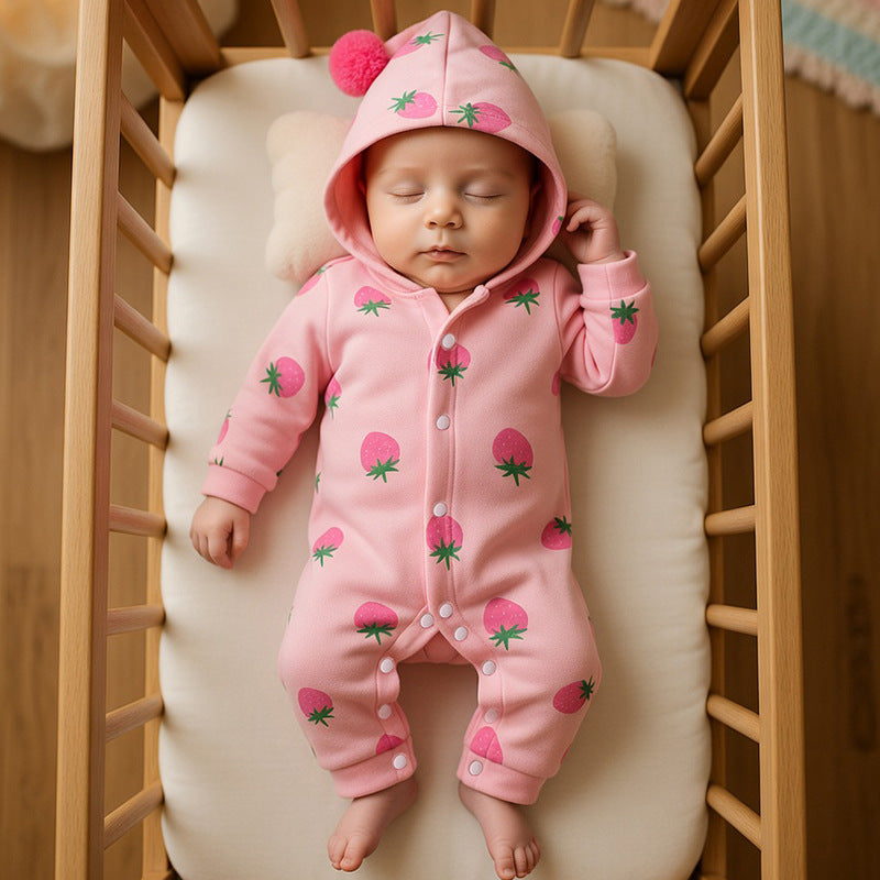 Newborn baby clothes spring collection: newborn girl romper, double-layered full month long-sleeve, spring/autumn outing strawberry crawling suit