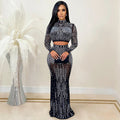 X5379 cross-border new arrival:  european and american fashion sexy nightclub women's mesh see-through long sleeve maxi dress two-piece set