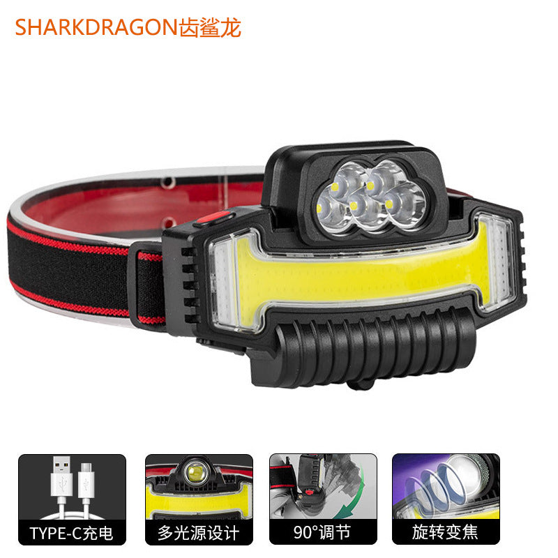 Cross-border new COB strong light headlight Type-C charging outdoor warning red and blue flash zoom LED headlight