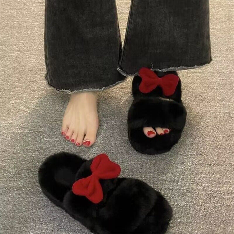 Fairy-style bowknot fuzzy slippers for women, premium autumn/winter 2024, perfect for student dorms and office use, cotton slippers