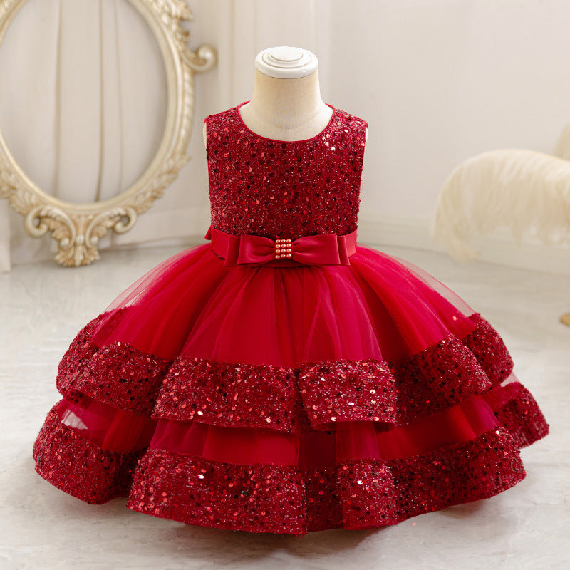 Girls' sequin patchwork round neck vest dress - stylish & customizable baby & toddler birthday & first birthday dress - oem available
