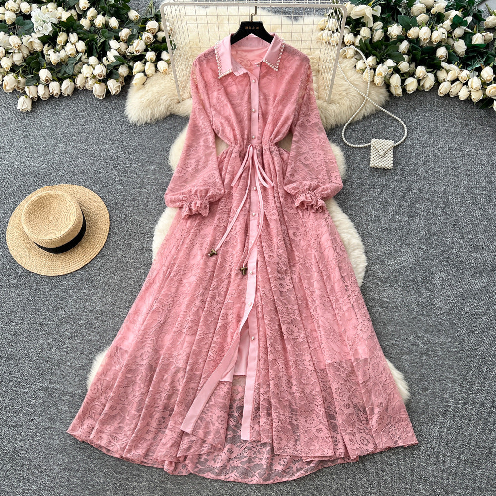 Frenchelegantelegance heavy industry beading lapel lantern sleeve single breasted strap waist slimming looklacedress women