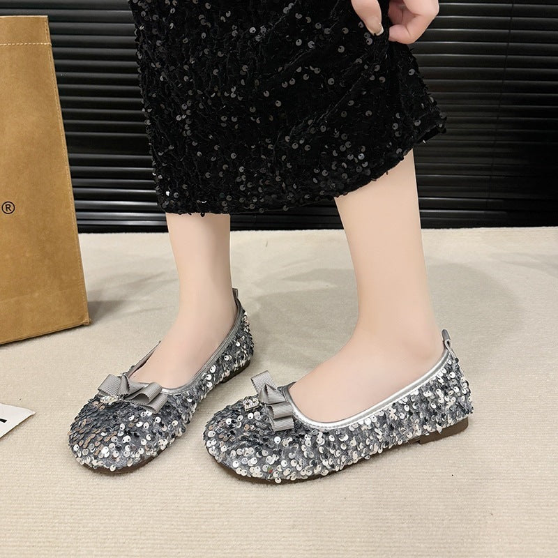 Sequin flats women's  summer new arrivalfrench evening light mouth fashioncasualbowsflats bean shoes