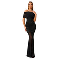 C7507 cross-border   fashion women's sexy off-the-shoulder mesh vacation dress