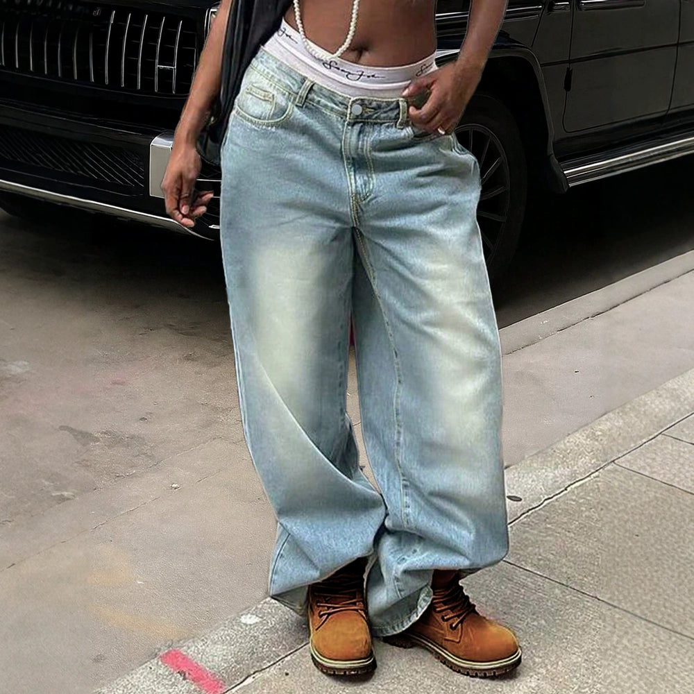 European and american style women's gradient washed wide leg jeans - high waist, relaxed fit, drapey, versatile, hip hop, vintage denim pants