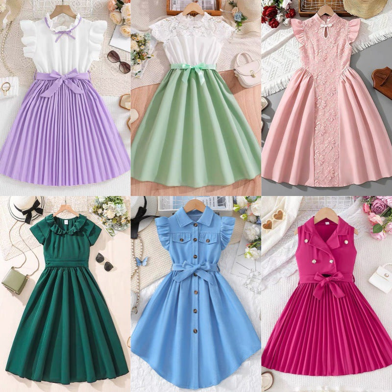 girls' summer dress : collared, ruffle-sleeve, cinched-waist, tie-waist, single-breasted, stylish children's dress - wholesale supply