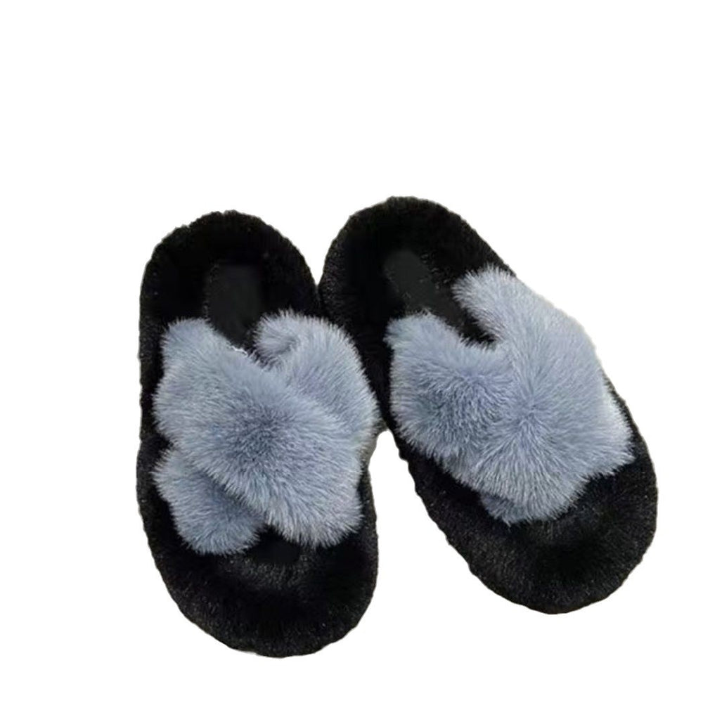 Versatile fuzzy slippers for women, thick-soled outdoor wear, new autumn/winter styles, trending online, platform sole, height-increasing, criss-cross cotton slippers