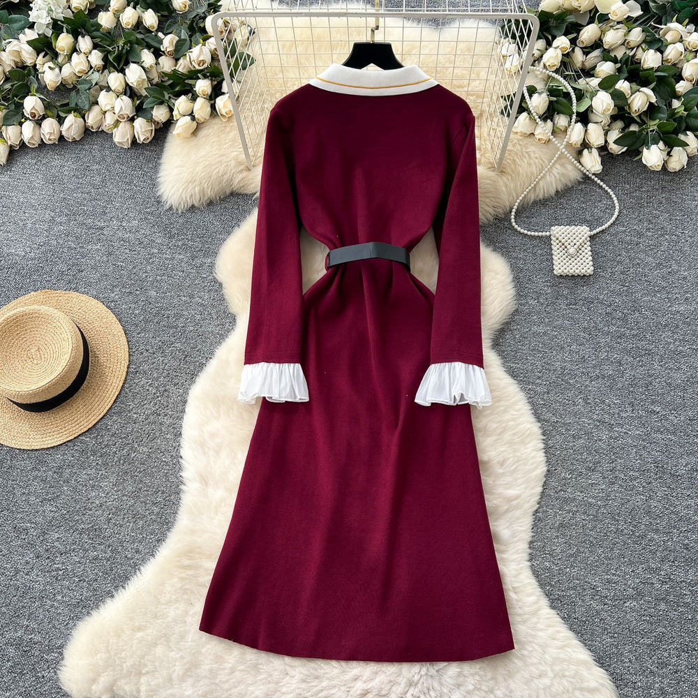Classy small fragrance fashionablecontrast color lapel long sleeves metal double-breasted waist slimming lookelegantknittingdress