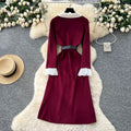 Classy small fragrance fashionablecontrast color lapel long sleeves metal double-breasted waist slimming lookelegantknittingdress