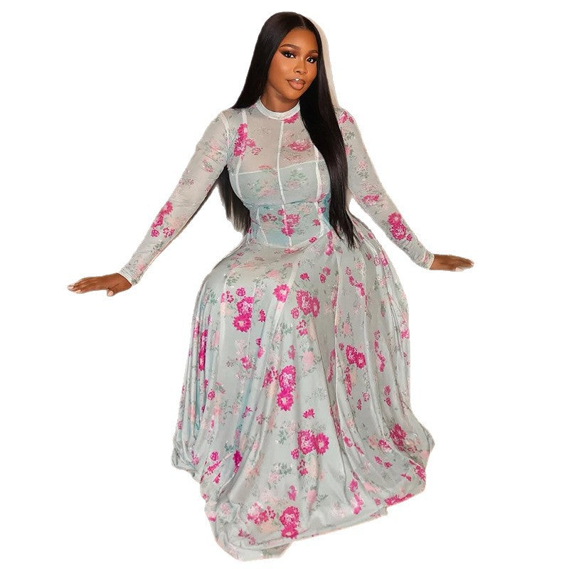 European and american style ins cross-border pleated fresh printing work clothing a-line skirt round neck long sleeves waist outdoor dress women's clothing