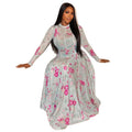 European and american style ins cross-border pleated fresh printing work clothing a-line skirt round neck long sleeves waist outdoor dress women's clothing