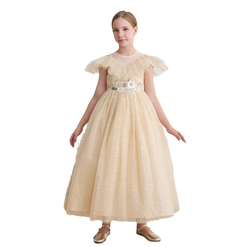 Custom-made tulle dress for girls, european and american style, off-the-shoulder princess dress, elegant long dress for children's birthdays, high-end dress for little girls