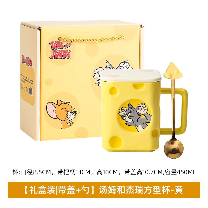 Cat and Mouse Square Cheese Mug with Lid and Spoon Gift Box Household Ceramic Mug Coffee Mug Birthday Gift