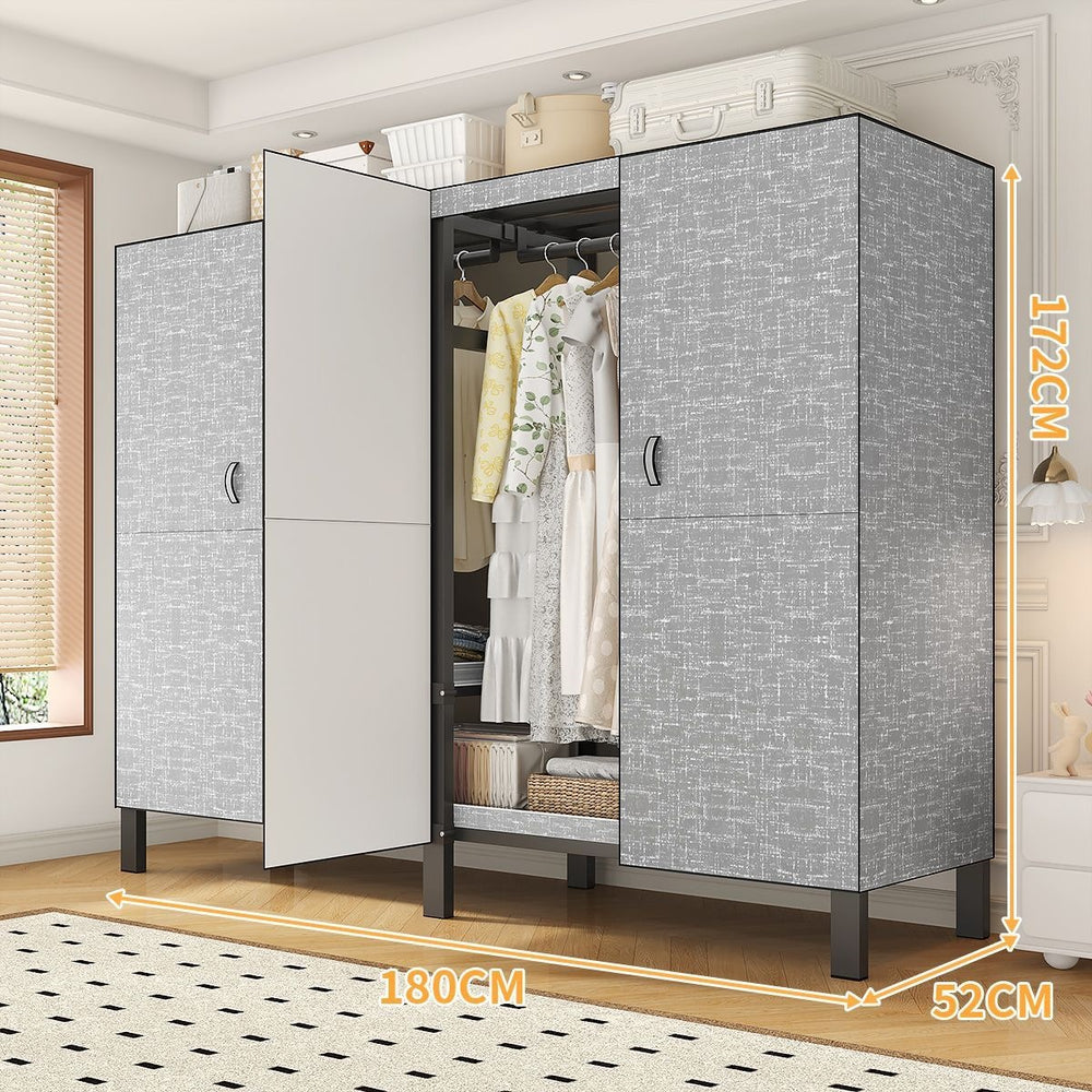 Easy-to-assemble, foldable wardrobe for bedrooms, ideal for home use or rental properties. dustproof, moisture-proof, with reinforced construction, fully sealed, and mildew-resistant. features a convenient swing-out door