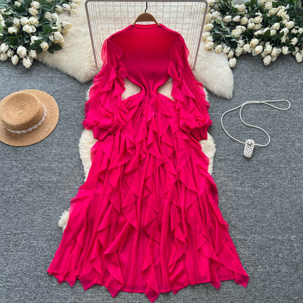 Miya european and american dress women's  autumn high-end slimming waist ruffle lantern sleeve pleated maxi dress