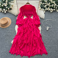 Miya european and american dress women's  autumn high-end slimming waist ruffle lantern sleeve pleated maxi dress
