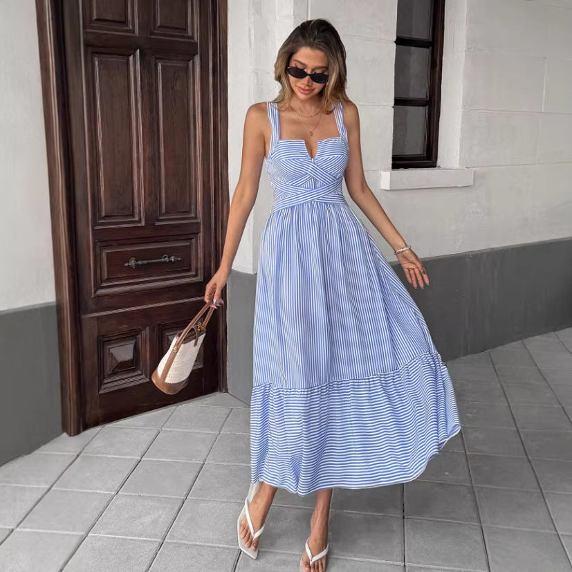Ready-to-ship  summer european and american style women's v-neck striped cami dress for  cross-border e-commerce