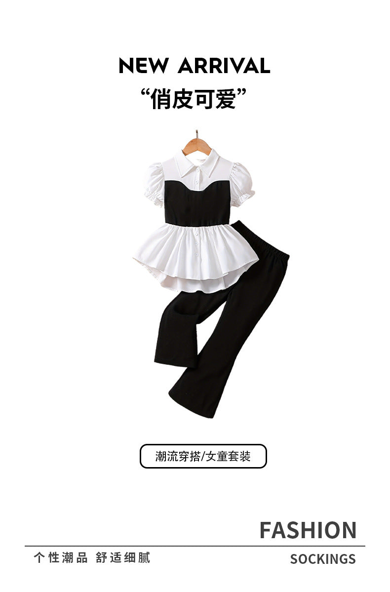 Exportsummergirlsuitshirt waist vest patchwork lace hem fake two-piece kidspantstwo-piece set