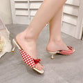 High-heeled sandals 2025 summer open-toed one-line high-heeled sandals square toe frenchplaidoutwear stiletto sandals