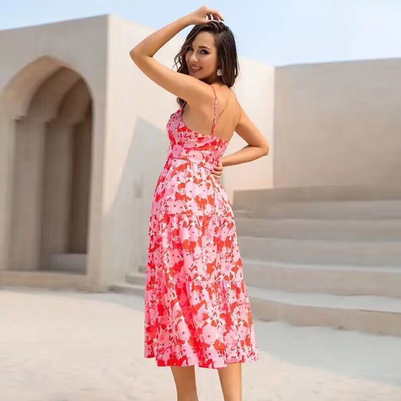 european and american   cross-border summer printed red spaghetti strap waist-cinched maxi dress