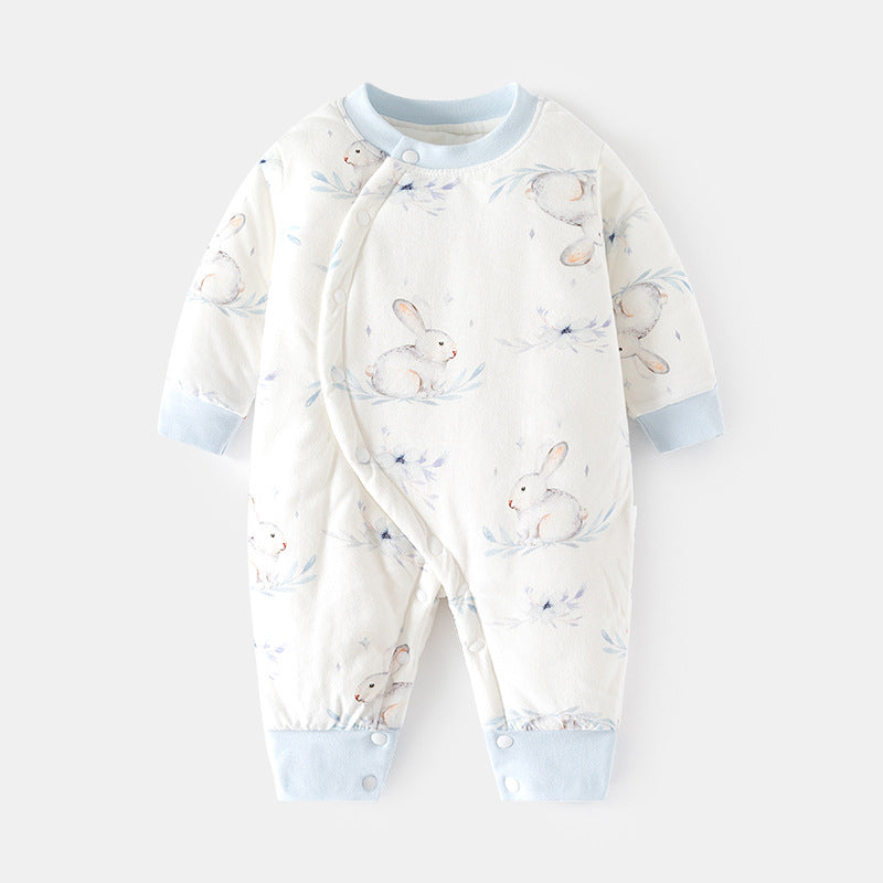Babibele cotton jumpsuit for infants and young children 120g quilted fall and winter boneless khaki thin cotton thickened partial placket romper